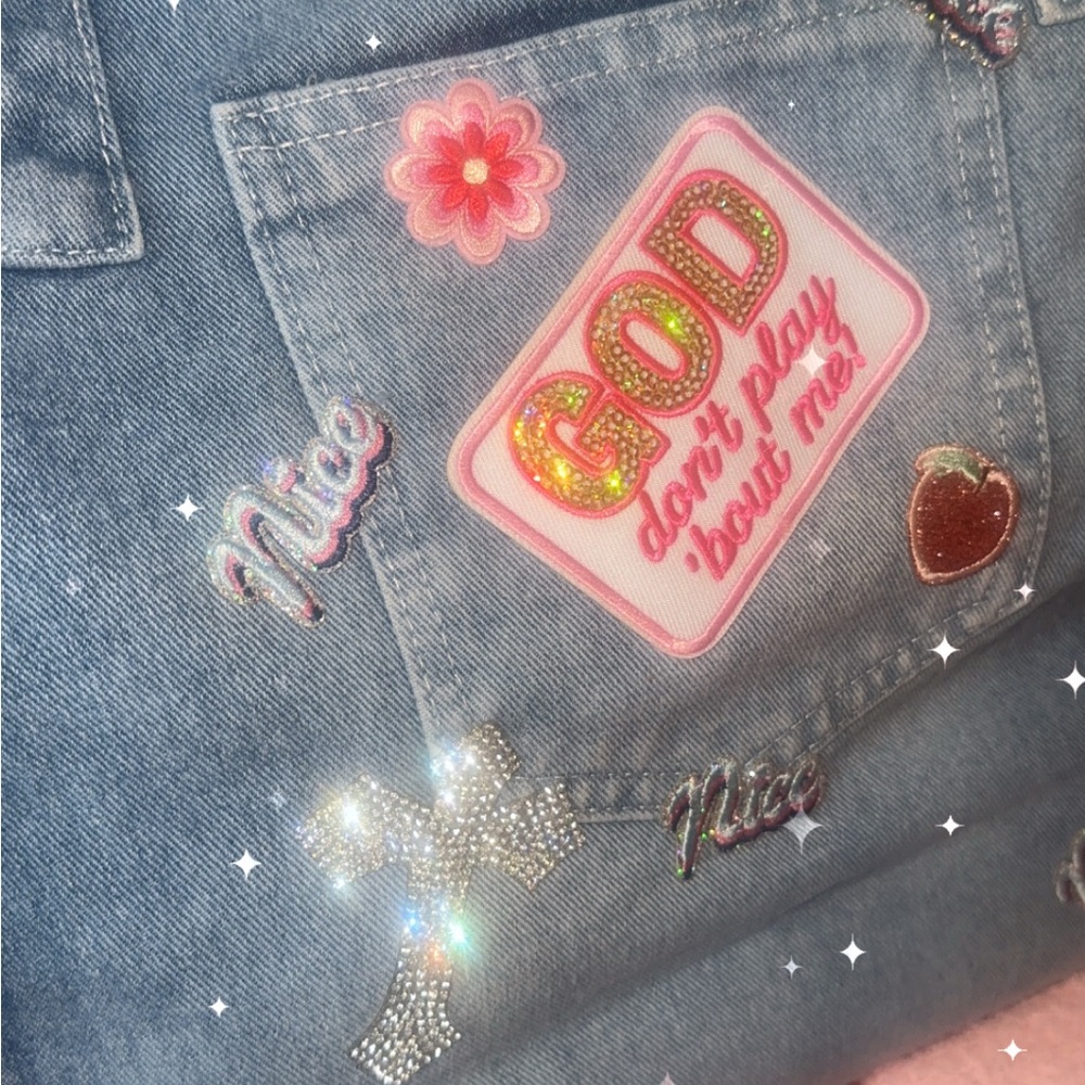 Denim Tote with Notebook & Pink Sequin Sneaker Patch - Picture 6 of 9